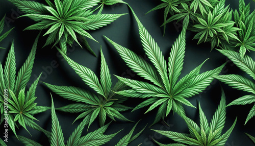 Cannabis texture. Marijuana leaves. Background from green hemp leaves