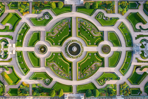 Aerial view of the meticulously designed gardens at the Palace of Versailles