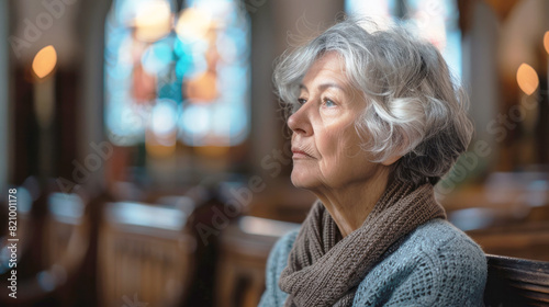 Portrait of a sad mature woman in church. A woman at a funeral ceremony, a widow.