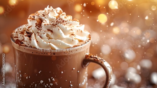 close-up of rich hot chocolate with whipped cream and a sprinkle of cocoa