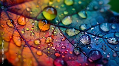 Intriguing close-up of rainbow-colored droplets of water clinging to the surface of a leaf, showcasing the beauty and wonder of nature's palette.