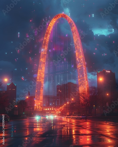Futuristic Neon Lit Gateway Arch Illuminates Nighttime Cityscape of St Louis