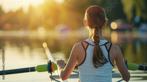 A young girl dressed in a rowing uniform holds a single oar, her back muscles straining with effort The blurred image of a boat gliding through water in the background represents t