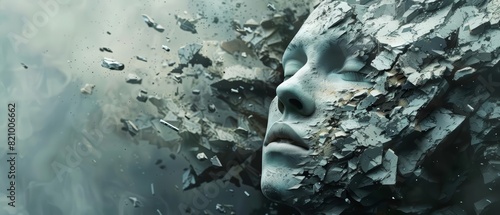 Capture a haunting, close-up portrait of a fracturing mind in a dystopian realm, surrealism intertwined with psychological elements, executed in hyper-realistic digital art