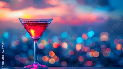 A red cocktail in an elegant martini glass, set against the backdrop of city lights at night. 