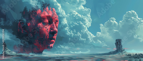 Craft a digital painting of a surrealistic figure in a desolate landscape, blending psychological symbolism with dystopian visions