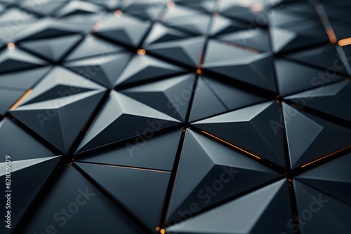 Triangular Tiles arranged to create a Black wall. Polished, Futuristic Background formed from 3D blocks. 3D Render AI