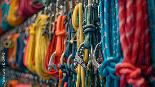 A wall of colorful climbing accessories, such as carabiners and ropes, hangs in the background. 