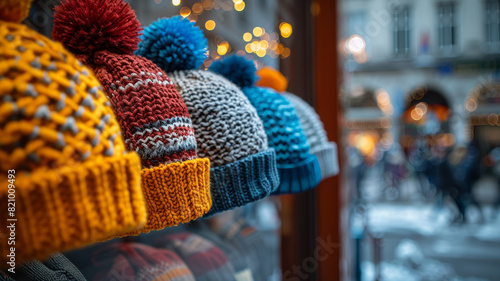 A row of colorful knit hats with pom-poms in a shop window display.