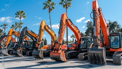 construction machinery in the parking lot. Many different types and sizes of excavators lined up side by side, orange color with a black bucket on top.