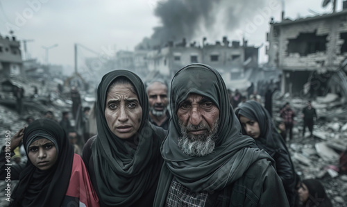 Palestinian arab people women and men and child are standing against a background of thick black smoke in destroyed city. Middle Eastern conflict 