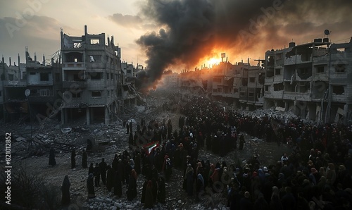 Palestinian arab people women and men and child are standing against a background of thick black smoke in destroyed city. Middle Eastern conflict 