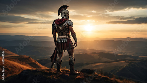 Spartan Warrior in Armor Viewing Sunset Over Hills on Mountain Cliff