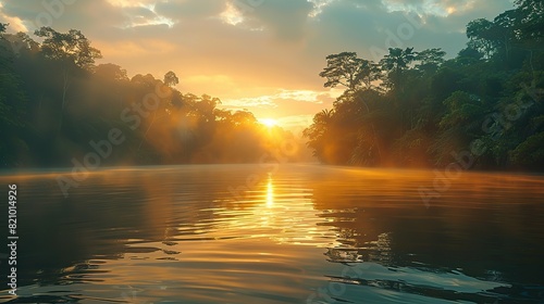 tropical river flow through the jungle forest at sunset or sunrise amazon river flowing in rainforest.illustration stock image