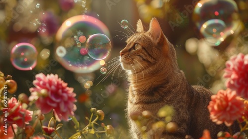 Chubby cat playing with bubbles outdoors, surrounded by flowers.