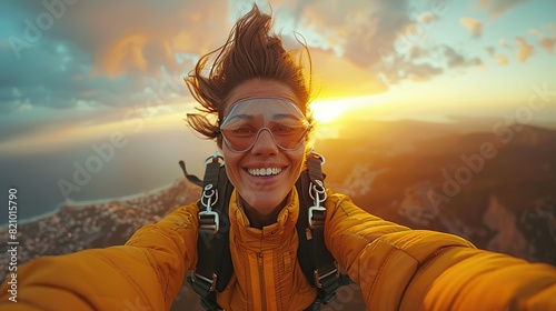 grandmother taking a selfie while skydiving doing free fall and flying in the sky active senior lifestyle concept sunset of life in colors.stock image
