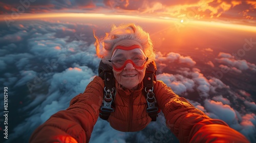grandmother taking a selfie while skydiving doing free fall and flying in the sky active senior lifestyle concept sunset of life in colors.stock photo
