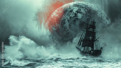 a lost ship sailing in the storm on a rough sea about to collide with a gigantic iceberg a clearing could prevent it from sinking conceptual illustration about hope.illustration stock image