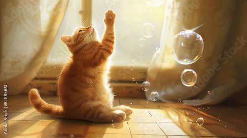 Chubby cat sitting on the floor, paws raised, trying to catch floating bubbles.