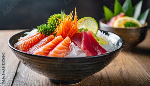 sashimi sushi served in a traditional Japanese bowl