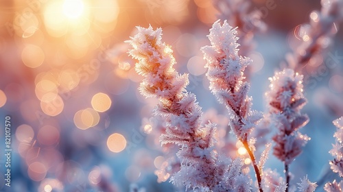 winter season outdoors landscape frozen plants in nature covered with ice and snow under the morning sun seasonal background for christmas wishes and greeting card.stock image