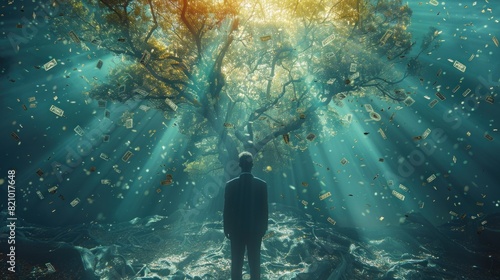 A reverse silhouette of a businessman looking at a tree with branches made of different currencies