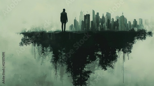 A reverse silhouette of a businessman standing on a tree stump with a city skyline growing around him