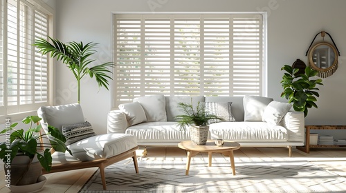 Modern living room with white wooden shutters and window blinds, natural light creating a bright atmosphere. 