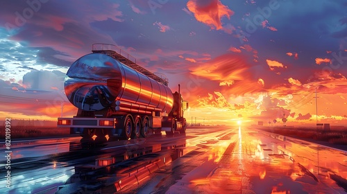 A stainless steel liquid fuel tank truck on a highway, driving at sunset. 