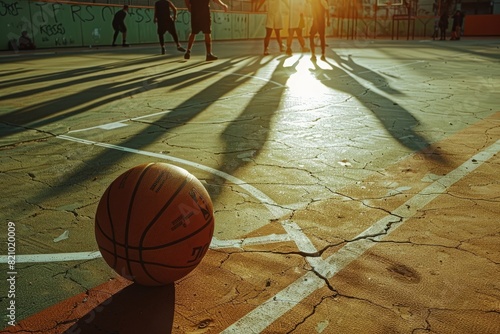 A basketball lying on the sidelines of a basketball court, partially obscured by the long shadows of players in the golden hour light
