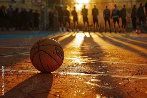 A basketball lying on the sidelines of a basketball court, partially obscured by the long shadows of players in the golden hour light