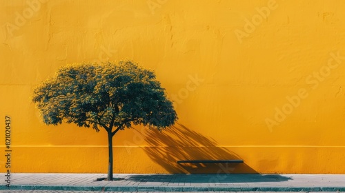 Tree in front a yellow wall in minimalism style.