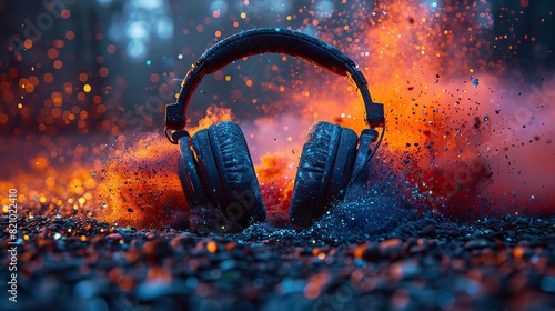 Dazzling stereo headphones burst into a vivid explosion of colorful dust and vibrant light, pulsating with the rhythmic beats of music, primed for a festive celebration..illustration stock image