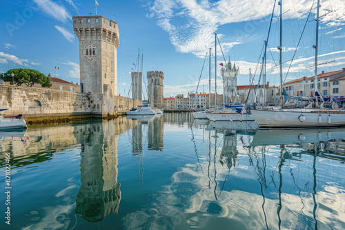 The picturesque old harbor of La Rochelle with historic towers and sailboats
