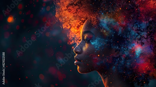 An African woman immersed in a vibrant symphony of sound, her emotions swirling in a kaleidoscope of colors and abstract lights that dance upon her hair against the black void..stock image
