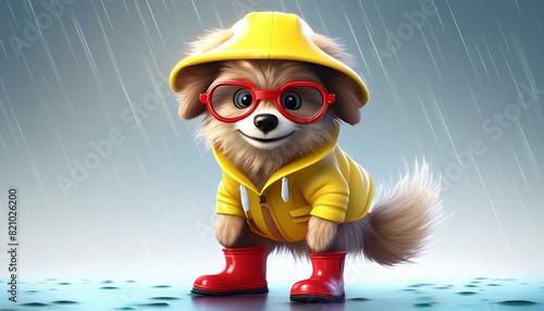 3d animated character, quirky fuzzy dog wearing a big hat, goofy goggles and yellow raincoat with red boots in the rain white background
