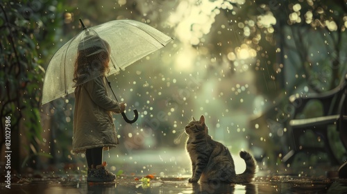 A little girl holding an umbrella standing next to a cat