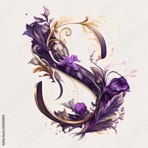 Beautiful decorative letter s with floral ornament. Hand-drawn illustration.
