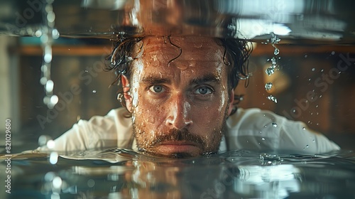 stressed and desperate businessman underwater at workplace suffering from burnout sinks due to excessive work mental load economic crisis bankruptcy depression.stock photo