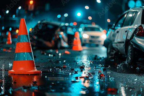 A car accident scene with a cone and a few cars