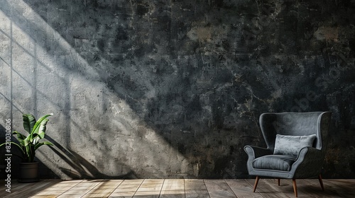 Style loft interior with gray armchair on dark cement wall
