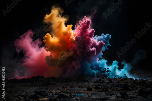 A vibrant eruption of colorful powder against a dark backdrop, Abstract dense multicolored smoke on a black isolated background. Background of smoke vape. Many colors. Rainbow powder.