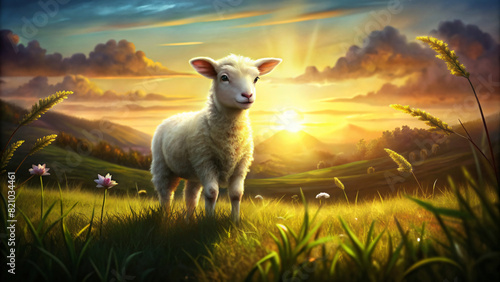 White sheep graze on a green meadow