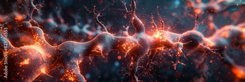 Neuron Cells with Light Pulses on Dark Background Generative AI