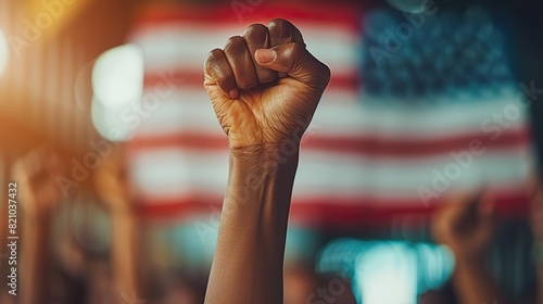 raised fist of african american people in front of usa flag symbolic fight gesture to protest against racism and racial discrimination for change justice equality democracy.stock photo