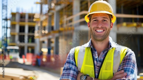 Male Construction contractor posing in front of a construction site looking at the camera smiling.