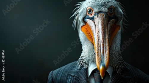 An anthropomorphic pelican, exuding sophistication in a tailored suit and exquisite tie, strikes a captivating pose with a distinctly human-like charisma..illustration stock image