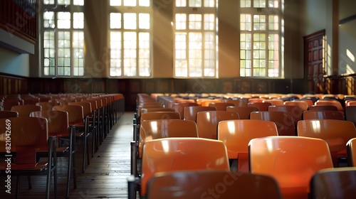 Sunlit Lecture Hall with Rows of Orange Chairs Waiting for Students