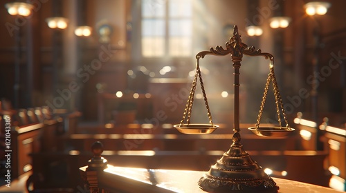 Golden scales of justice on a wooden desk inside a courtroom with sunlight streaming in