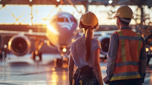 Two engineers in hard hats looking at an airplane in a hangar. 